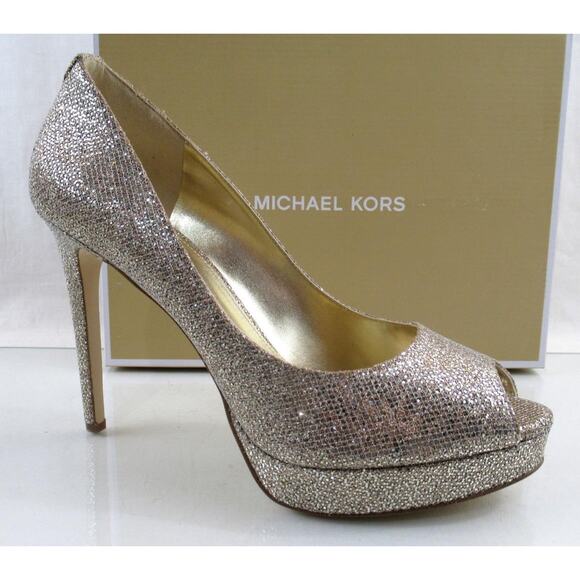 Michael Kors Erika Platform Open Toe Pumps Heels Glitter Silver / Sand Size 10 - Picture 1 of 9